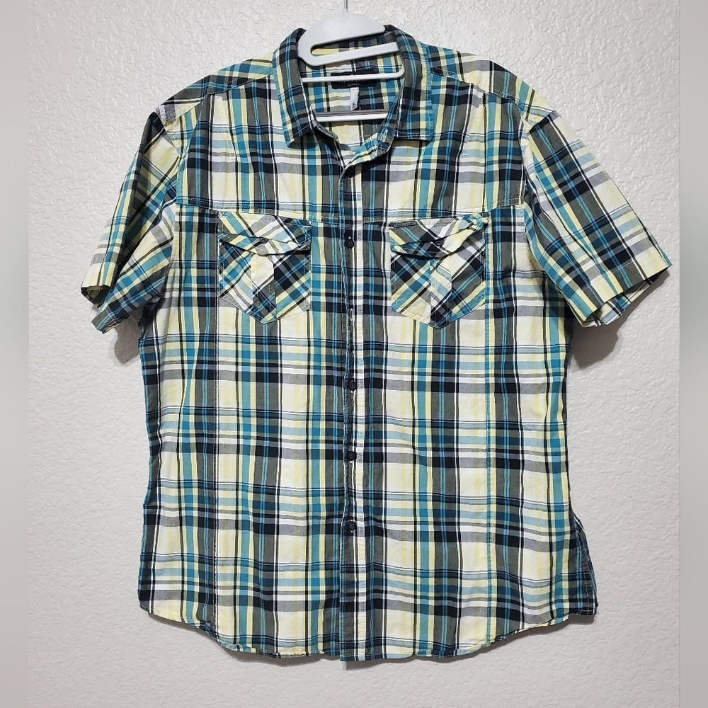 Marc Ecko Cut & Sew Short Sleeve Button Up Plaid Shirt Yellow Men's Size X-Large